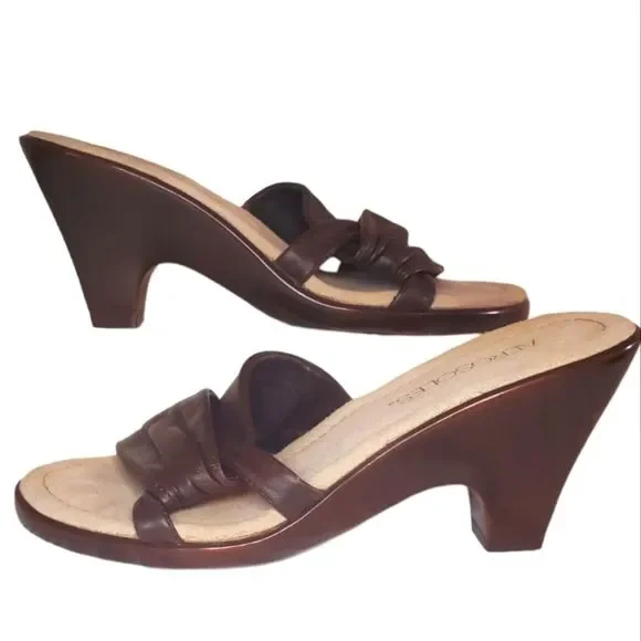 #389 Aerosoles Ledger Brown Leather Open Toe Block Heel Sandals Women 5.5 Shoes - Picture 3 of 6